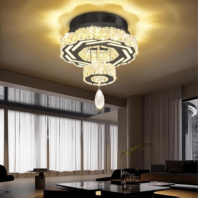 Flashing God 12" Modern Crystal Chandeliers Black Flush Mount Ceiling Chandelier Mini Chandelier for Hallway LED Dimmable Crystal Pendant Light for Dining Room Living Room Bedroom