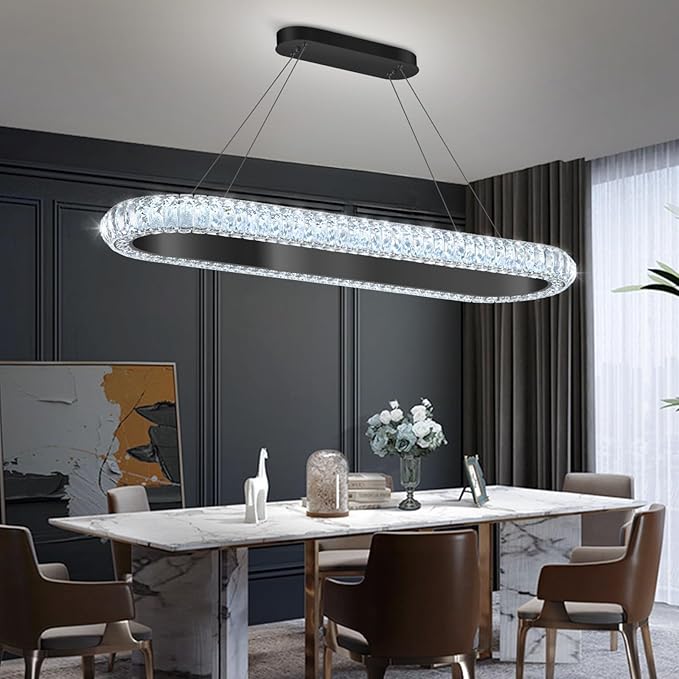 40'' Oval Ring Crystal Chandelier Modern LED Dimmable Ring Pendant Light Chandelier for Dining Room Living Room Black