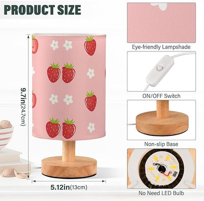 Bedside Table Lamp Cute Strawberry Florals Nightstand Lamp with Wood Fruits Flowers Pink Desk Lamps for Bedroom Living Room Nursery Office Home Decor