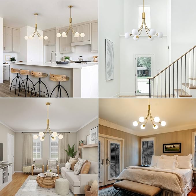 Modern Mid Century Gold Chandeliers, 6-Light Glass Globe Chandeliers Hanging Sputnik Chandelier Light Fixtures for Dining Room Living Room Bedroom Kitchen Island Foyer