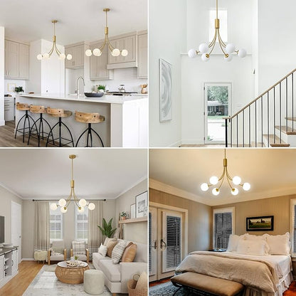 Modern Mid Century Gold Chandeliers, 6-Light Glass Globe Chandeliers Hanging Sputnik Chandelier Light Fixtures for Dining Room Living Room Bedroom Kitchen Island Foyer