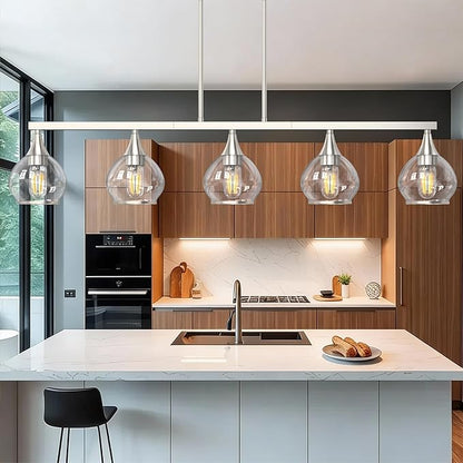 Kitchen Island Linear Pendant Light, 5-Light Modern Chandelier with Clear Glass Globe Shades, Linear Lighting Fixture Over Dining Table, Brushed Nickel