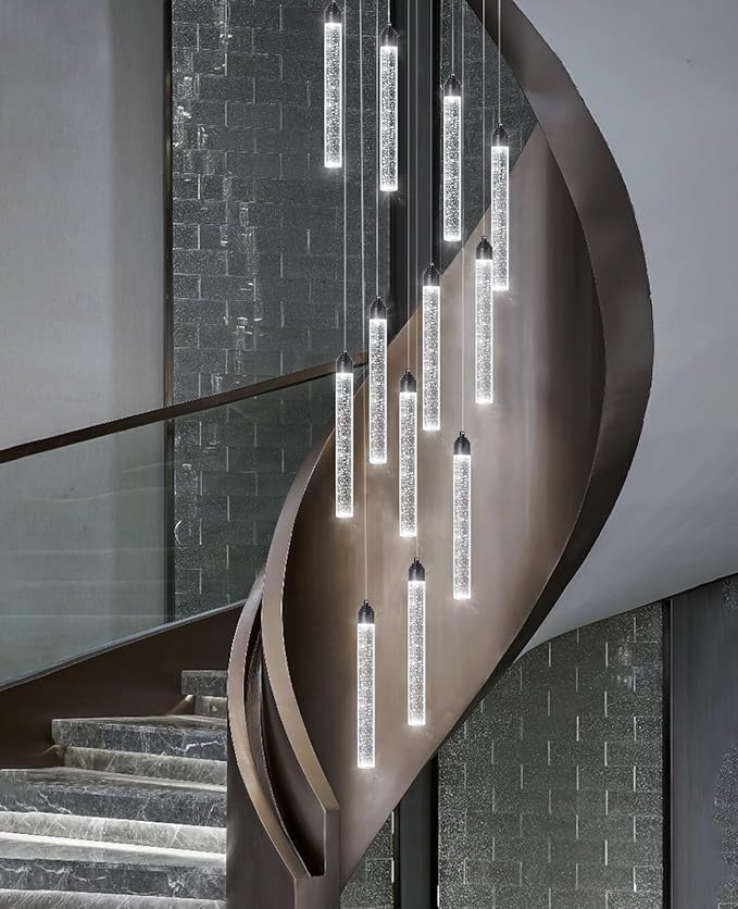 12-Lights Modern Chandeliers for Entryway High Ceiling Chandelier LED Dimmable Long Lights Fixture Pendants Lighting Crystal Chandeliers for Hallway Foyer Living Room Black Finished Lighting