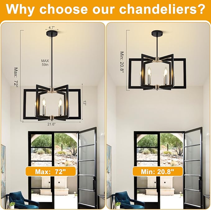 21.6" Dining Room Light Fixture, 6-Light Black+Brushed Nickel Farmhouse Chandeliers for Dining Room, Industrial Hanging Pendant Lights Fixture for Kitchen Island, Bedroom, Entryway, Foyer, Entryway