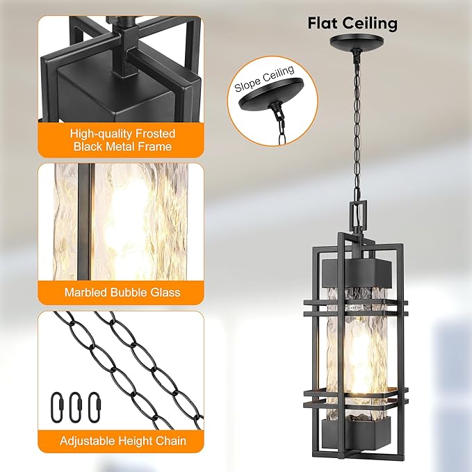 WIHTU Large Outdoor Pendant Light Fixture, Modern Hanging Lantern Ceiling Mount, Anit-Rust Waterproof Chandelier Lighting Exterior with Stone Bubble Glass for Porch, Garage, Gazebo, Patio