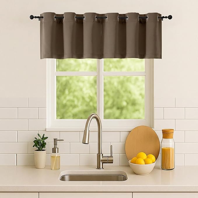 Simplebrand Brown Kitchen Valances for Windows 18 Inches Long 2 Pack, Room Darkening Window Valances for Living Room, Grommet Short Straight Drape Kitchen Curtains for Bedroom Kids Room, 40Wx18L