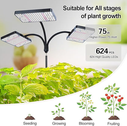 3Head Grow Light with Stand, 75 Watt Bright Enough and Big Coverage, Natural Sunlight Full Spectrum Plant Growing Lamps for Tall&Large Indoor Plants, Bonsai Tree, 4/8/12/16/20H 5-Mode Timer