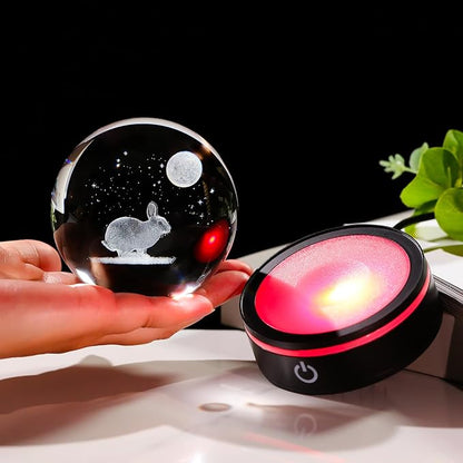 YWHL 3D Crystal Ball Moon Rabbit Figurine with Colorful LED Base, Bunny Gifts for Women Men on Birthday Christmas Rabbits Statue Glass Animal Bunny Statue Night Light for Home Decor (80mm)