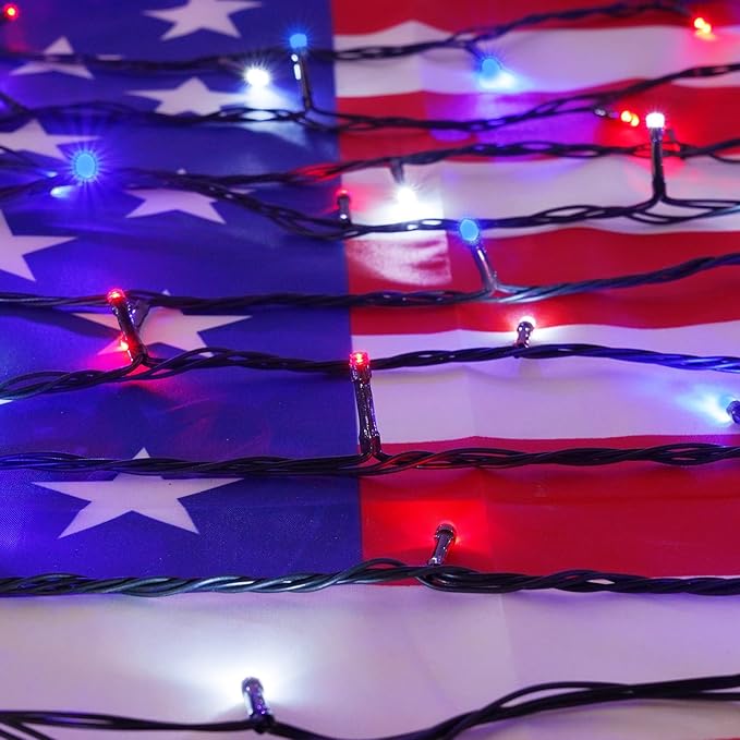 4th of July 95FT 240LED Red White and Blue String Lights, Extra-Long Connectable Led Twinkle Lights Waterproof with 8 Modes Memory, Independence Day Decoration