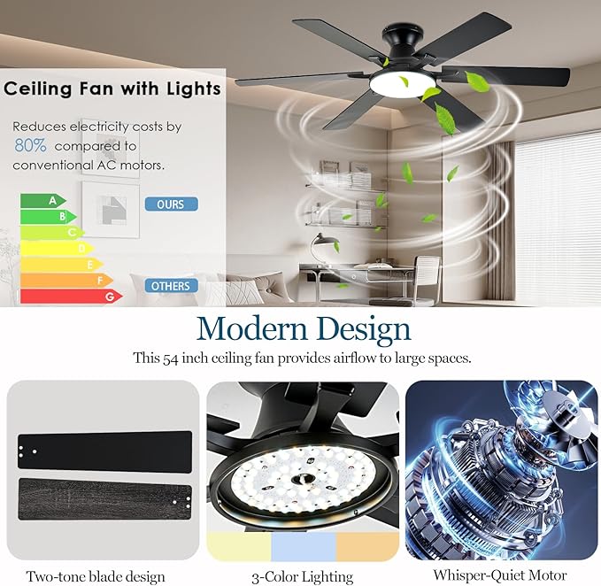 Ceiling Fans with Lights,54 Inch Low Profile Ceiling Fan with Light and Remote Control,6 Speeds/6 Blade,Flush Mount,LED Dimmable DC Reversible Modern, Black Ceiling Fan for Bedroom/Living Room