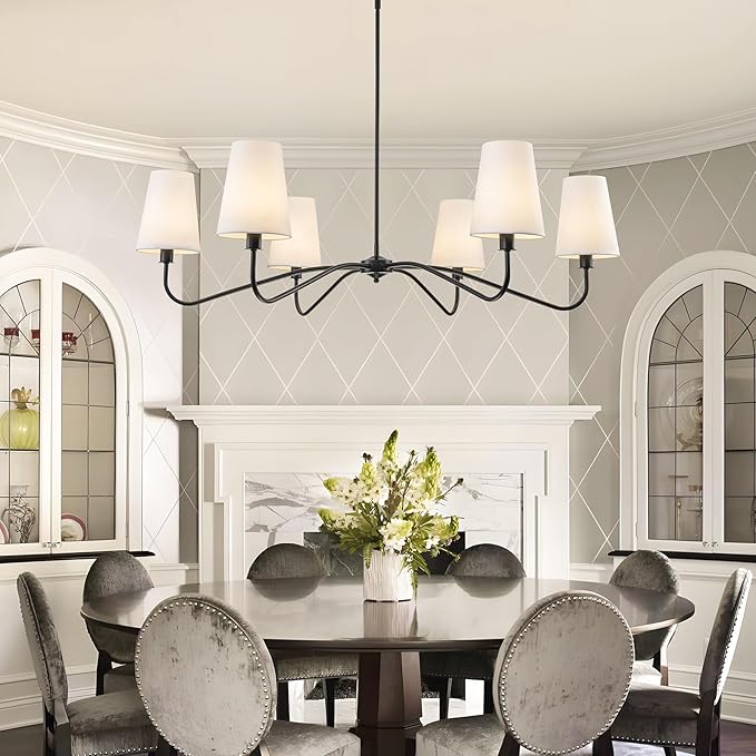 47'' Oversized Modern Chandelier with Shades, Farmhouse Chandelier, 6-Light Large Black Chandelier for Living Room, Adjustable Traditional Chandeliers for Foyer Kitchen E12 Base