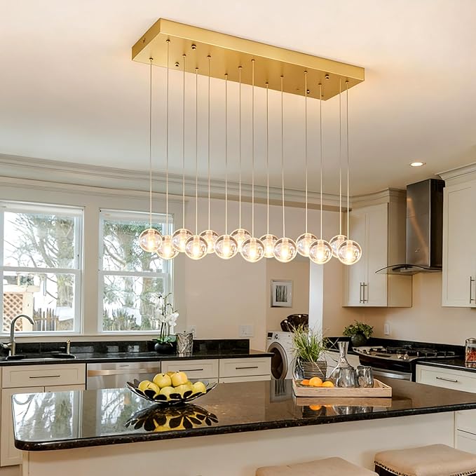 14 Lights Gold Raindrop Rectangle Chandelier, Modern Bubble Crystal Chandelier for Dining Room, Large Pendant Light for High Ceilings Staircase Foyer Entryway Living Room Kitchen Island