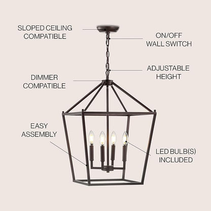JONATHAN Y 16" Oil Rubbed Bronze Lantern Pendant Light, 4-Light Pagoda Style Metal Cage Farmhouse Hanging Ceiling Fixture for Kitchen Island, LED Bulb Included (JYL7437A)