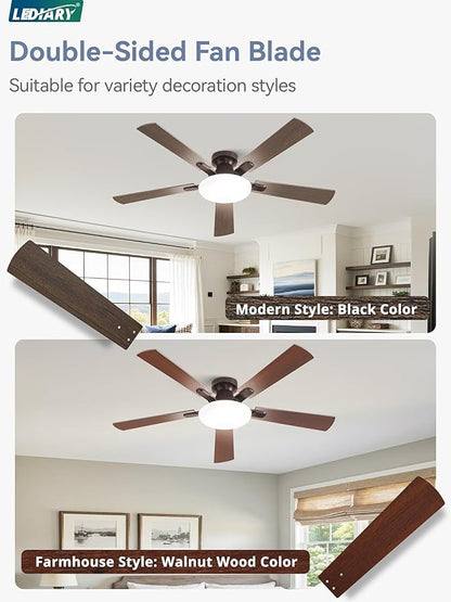 52 Inch Ceiling Fan with Lights and Remote, 30W 12" LED Panel Flush Mount Ceiling Fan, 6-Speed Quiet DC Motor Modern Low Profile Ceiling Fan with Reversible Blades for Bedroom, Living Room, Patio