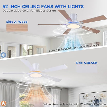 Ayaoty White Ceiling Fan with Light Flush Mount - 52in Low Profile Ceiling Fan with RGB Light and 5 Reversible Fan Blades, LED 3CCT Dimmable, Modern Indoor Fan Light for Bedroom, Party, White