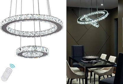 Modern Crystal Chandeliers Dimmable Round Pendant Lighting with Remote 2 Rings LED Ceiling Hanging Light Fixture for Foyer Dining Room Living Room Bedroom, 3000K/4000K/6000K 15.75”+7.7”