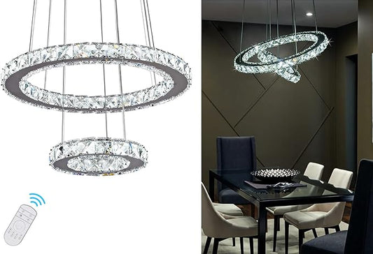 Modern Crystal Chandeliers Dimmable Round Pendant Lighting with Remote 2 Rings LED Ceiling Hanging Light Fixture for Foyer Dining Room Living Room Bedroom, 3000K/4000K/6000K 15.75”+7.7”