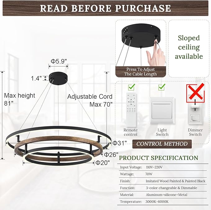 3 Ring LED Chandelier Walnut Wood Black Chandelier Light Fixture 31in Dimmable Modern Entry Chandeliers Wood-Printed Circular Light for Foyer Dining Room Bedroom Office Living Room