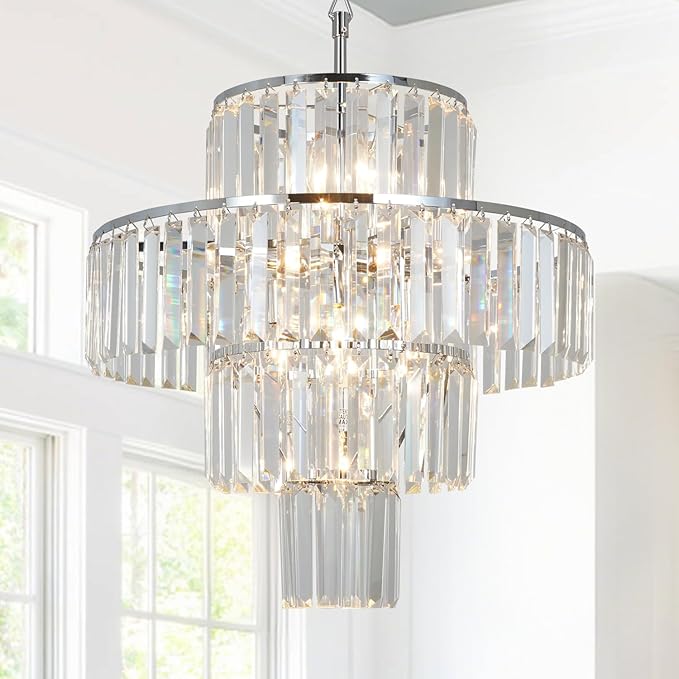 Chrome Crystal Chandelier, 7-Light 4 Tiers 19.68" Crystal Light, Adjustable Hanging Metal Ceiling Lighting Fixture, Modern Foyer Dining Room Chandeliers for Bedroom,Hallway,Kitchen