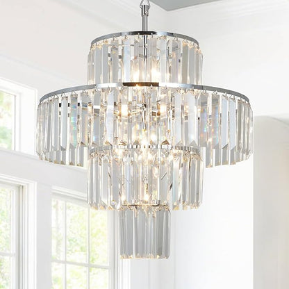 Chrome Crystal Chandelier, 7-Light 4 Tiers 19.68" Crystal Light, Adjustable Hanging Metal Ceiling Lighting Fixture, Modern Foyer Dining Room Chandeliers for Bedroom,Hallway,Kitchen