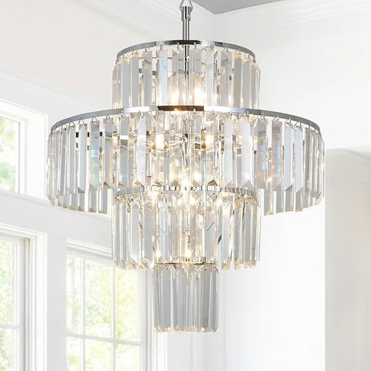Chrome Crystal Chandelier, 7-Light 4 Tiers 19.68" Crystal Light, Adjustable Hanging Metal Ceiling Lighting Fixture, Modern Foyer Dining Room Chandeliers for Bedroom,Hallway,Kitchen