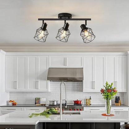 3-Lights Track Lighting, Adjustable Multi-Directional Ceiling Light Fixtures, Rotatable Farmhouse Light Fixtures Mount with Metal Cage for Dining Room, Living Room, Bedroom, E26 Base