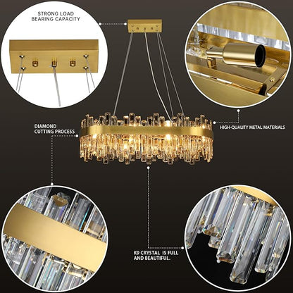 Weesalife Gold Crystal Chandeliers for Dining Room Lights Fixtures Over Table, 16 Lights Modern Rectangle 2-Tier Chandeliers for Kitchen Island Bar L32 Inch