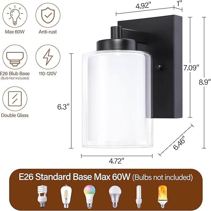 Pia Ricco Wall Sconces Set of Two, Hardwired Bathroom Wall Sconce with Double Glass Shade, Modern Bedside Wall Lamps, Farmhouse Vanity Light Black Wall Lights for Living Room, Bedroom, Hallway