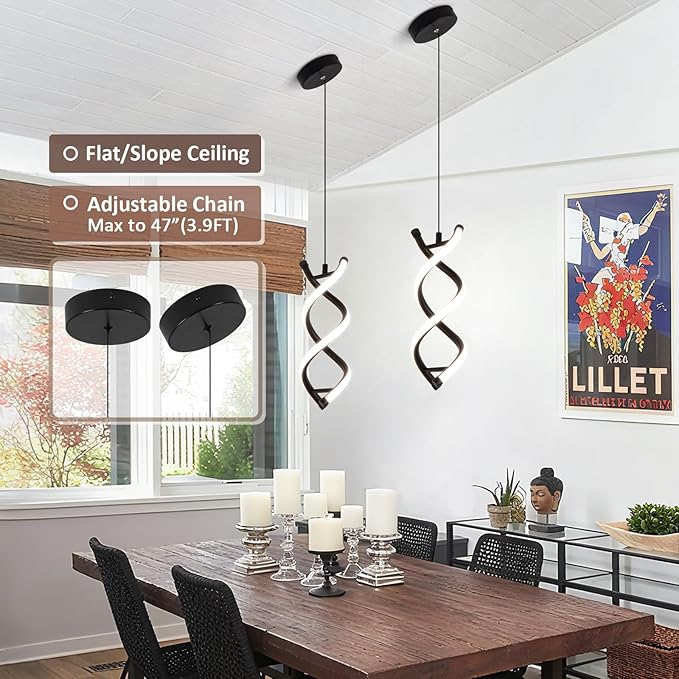 CANEOE Spiral Led Pendant Light Fixtures,3000K-6000K Dimmable Modern Integrated LED Pendant Lamp, Adjustable Height Kitchen Hanging Light Fixture for Living Room Bedroom Kitchen Sink, 1 Pack (Black)