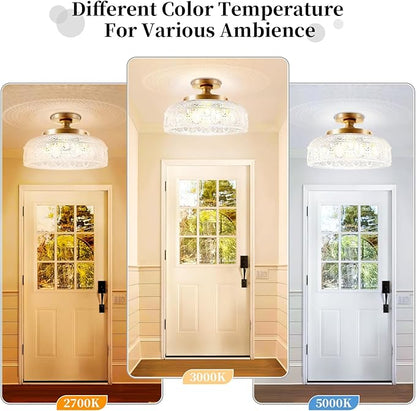 Lamomo Semi Flush Mount Ceiling Light, Upgraded Larger 12 Inch Golden Hallway Light Fixture, 3 Light Globe Glass Close to Ceiling Scone,Indoor Hanging Light for Bedroom Kitchen Porch Hallway