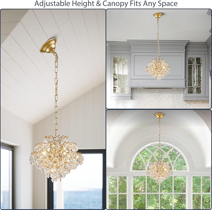 Bestier Gold Modern Pendant Chandelier Crystal Raindrop Lighting Ceiling Light Fixture Lamp for Dining Room Bathroom Bedroom Livingroom 4 G9 Bulbs Required D11 in x H12 in