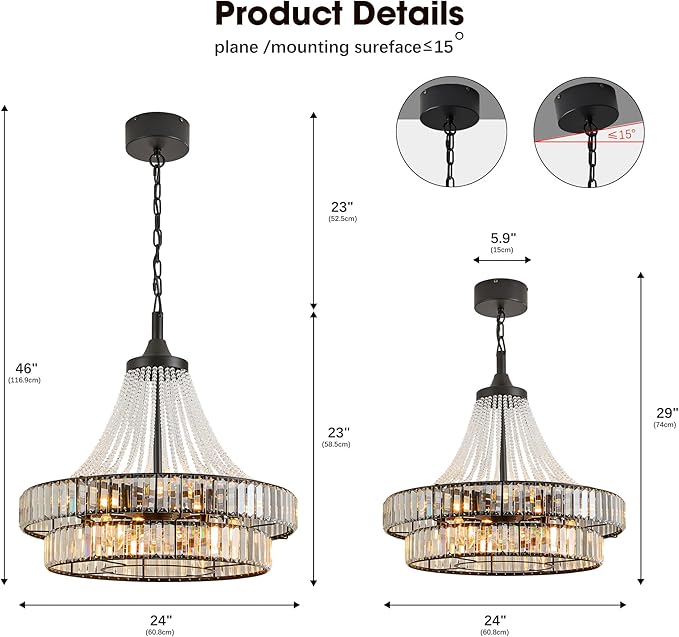 24“ Farmhouse Crystal Chandelier Ceiling Fan with Lights, Remote & App Control, 6-Speed Reversible Large Fandelier, Double Layer Design for Bedroom, Living Room (Black)