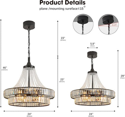 24“ Farmhouse Crystal Chandelier Ceiling Fan with Lights, Remote & App Control, 6-Speed Reversible Large Fandelier, Double Layer Design for Bedroom, Living Room (Black)