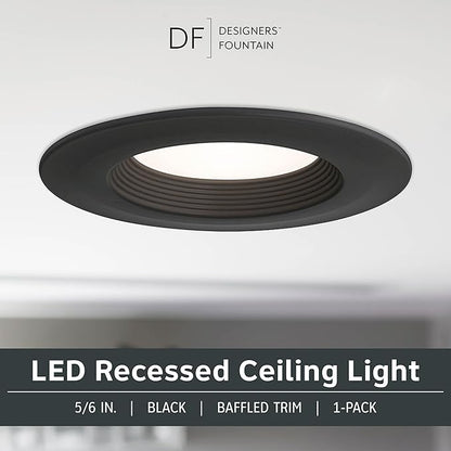 Designers Fountain LED Recessed Ceiling Light, 5/6 Inch 5CCT Metal Lighting Fixture, Dimmable, 1000 Lumens, 2700K/3000K/3500K/4000K/5000K, Black Baffle Retrofit Trim, EVL61093T50BK