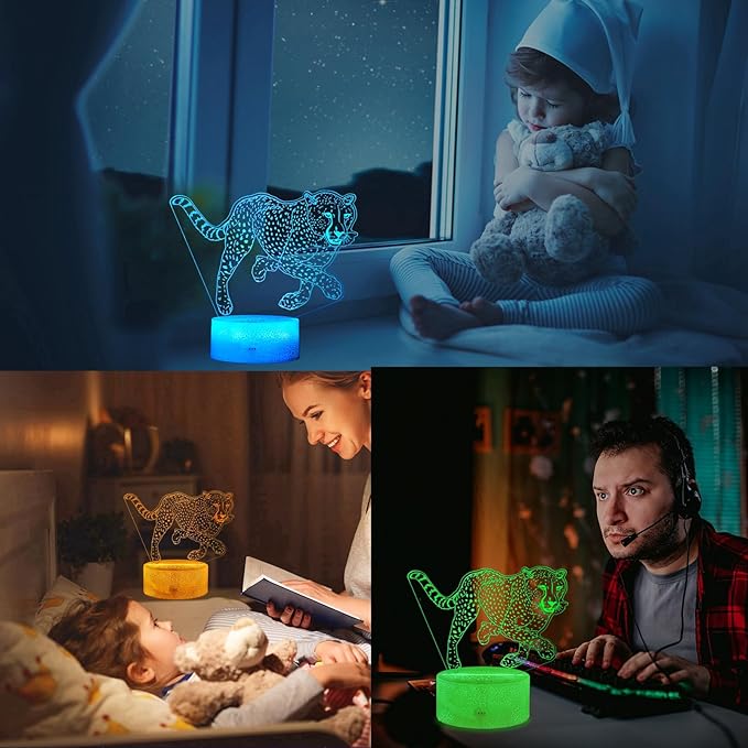 Cheetah Night Light, 3D Illusion Lamp with 16 Color Changing Modes, Remote Control Timer and Dimmable, Kids Boys Girls Room Decoration, Holiday Xmas Gifts