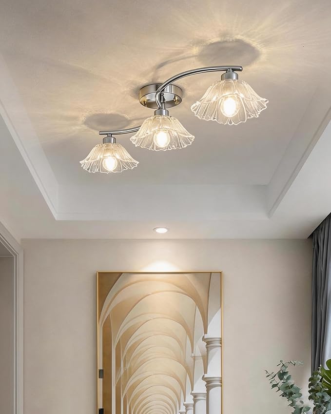 Semi Flush Mount Ceiling Light Fixture,3 Lights Modern Glass Shade Chandelier, Mini Ceiling Fixture for Entryway, Kitchen, Bedroom, Silver