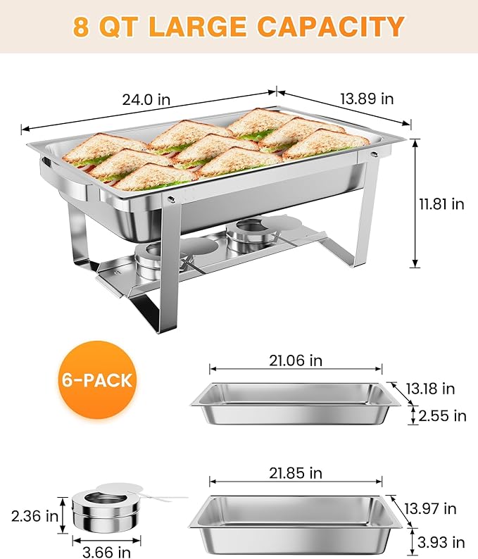 6 Pack Chafing Dishes for Buffet, Stainless Steel Catering Chafer with Lids, Pans & Fuel Holder, 8QT Food Warmers for Parties Buffet, Buffet Servers and Warmers for Parties, Events, Weddings,Silver