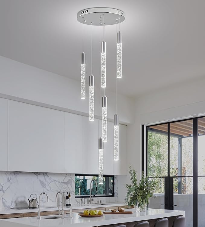 Modern High Ceiling Crystal Chandelier 7-Lights, Spiral LED Raindrop Foyer Pendant Lighting, Bubble Staircase Living Room Hanging Light Fixture Flush Mount Chrome
