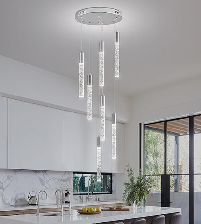 Modern High Ceiling Crystal Chandelier 7-Lights, Spiral LED Raindrop Foyer Pendant Lighting, Bubble Staircase Living Room Hanging Light Fixture Flush Mount Chrome