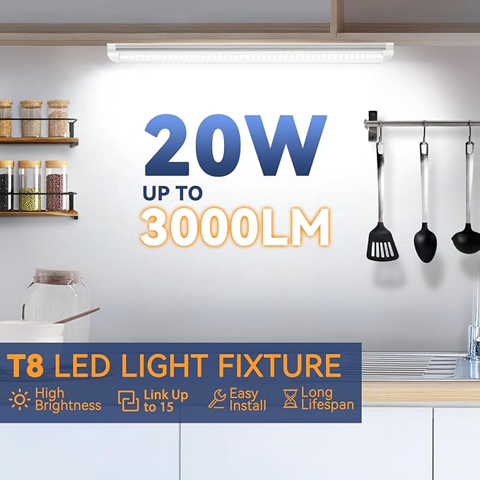 CNSUNWAY 1.5FT LED Shop Light, 20W High-Efficiency Under Cabinet Lighting (6000K Cool White), V-Shape T8 Tube Fixtures – 18" Linkable Under Counter Lights for Kitchen, Workbench, Workshop, 2 Pack