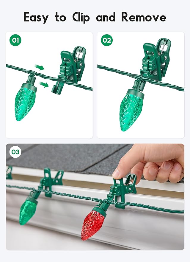 C9 LED Christmas Lights Outdoor, 68 Feet 100 LED Strawberry String Lights With 100 Spring Clamps, Waterproof Commercial Grade Extendable for Outside Roofline Patio Home Xmas Decoration, Red & Green