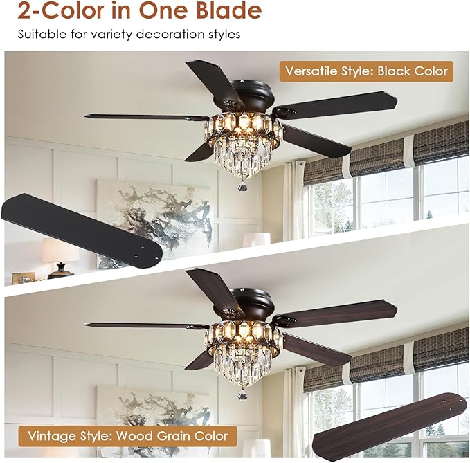Asyko 52" Low Profile Crystal Ceiling Fan Fandelier with Lights and Remote Control- Retro/Farmhouse Ceiling Fans with Noiseless DC Motor, Flush Mount Ceiling Fan Light for Dining Room,Bedroom