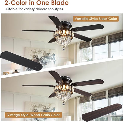 Asyko 52" Low Profile Crystal Ceiling Fan Fandelier with Lights and Remote Control- Retro/Farmhouse Ceiling Fans with Noiseless DC Motor, Flush Mount Ceiling Fan Light for Dining Room,Bedroom