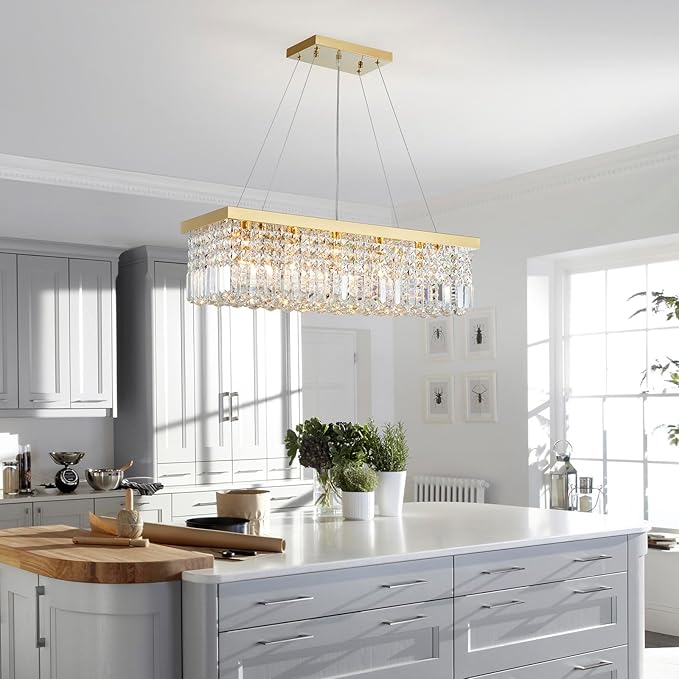 Saint Mossi 5-Lights K9 Crystal Chandelier for Dining Room, Rectangular Pendant Light Fixture for Kitchen Island, Raindrop Chandelier, H9 x W10 x L31, Chain Adjustable