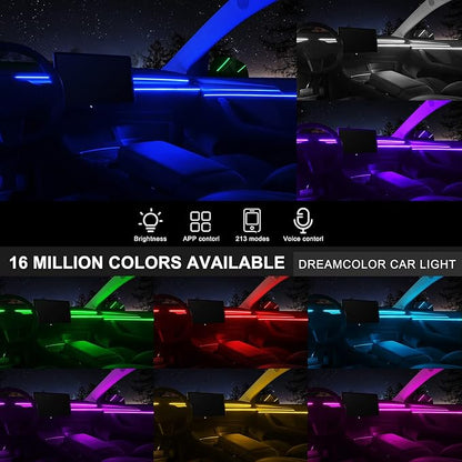 Acrylic Interior Car LED Strip Light with Wireless APP, RGB 14 in 1 with 175 inches 593 LEDs Fiber Optic Ambient Lighting Kits, 16 Million Colors Sound Active Function Car Neon Lights