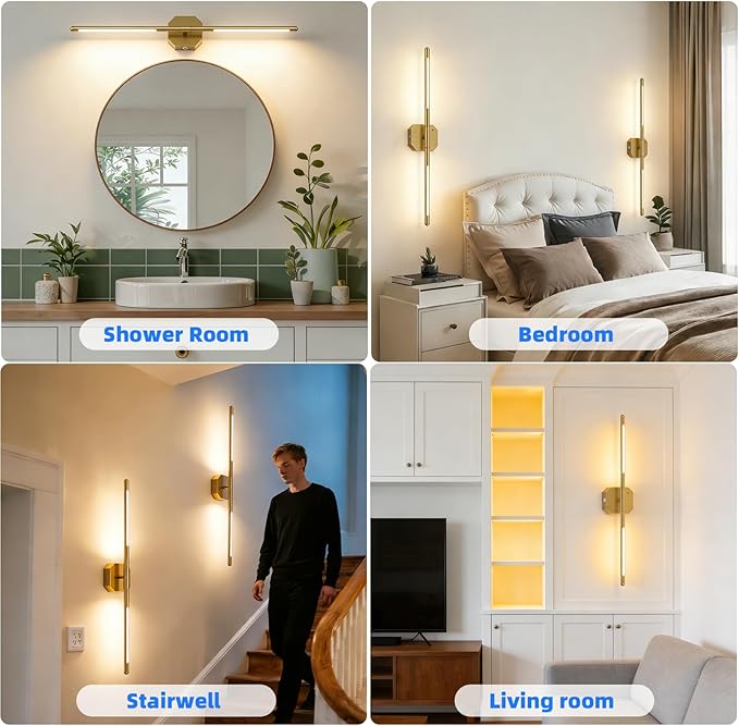Rechargeable Wall Sconce Set of 2, 35Hrs+ Battery Operated Wall Lights, Wireless Wall Sconce with Remote, 360° Rotatable, Dimmable 3 Color LED Cordless Wall Sconce for Bedroom, Living Room, 27in Gold
