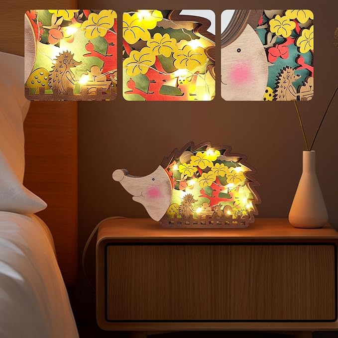 3D Wooden Carving Animals Lamp - Creative Fox Squirrel Wood Carved LED Night Light Garden Yard Wooden Animals Sculpture Ornaments Desktop Home Decor Birthday Gifts for Family Friend (Hedgehog)