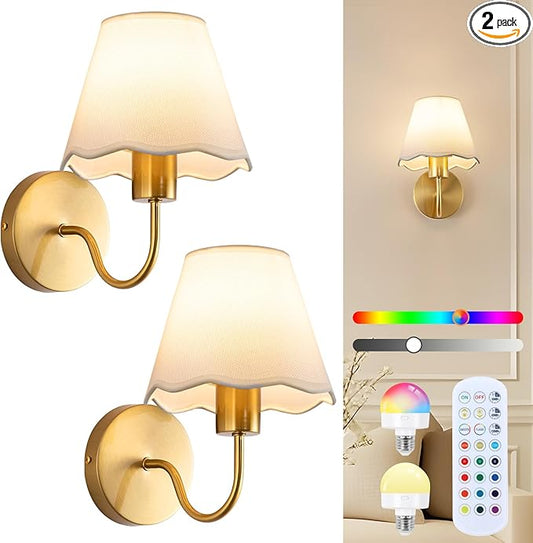 ADISUN Battery Operated Wall Sconce Set of 2, Gold Wall Lamps Rechargeable Bulbs for Living Room, White Rattan Shade, Wireless Wall Lights for Bedroom Living Room Hallway Kitchen(2 Bulbs Included)