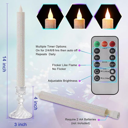 LED Flameless Taper Candles with Remote Control,Set of 2, Silver Glitter Finish, Crystal Glass Candlestick Holders, Timer Function (White LED)