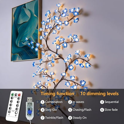 FNHMSL Cherry Enchanted Willow Vine Lights, 7.55FT 144LED Blue Cherry Blossom Tree Branch Lights for Wall, Remote Timer,8 Light Model,Bedroom Wall Doors Wedding, Christmas, USB Battery Box